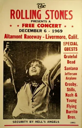 Poster advertising the Rolling Stones free concert at Altamont Raceway in December 1969