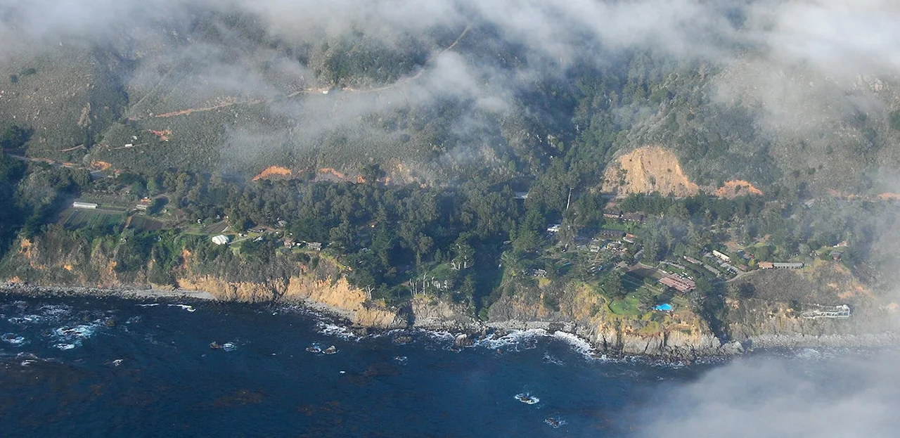 Aerial view of Esalen Institute above the Big Sur coast