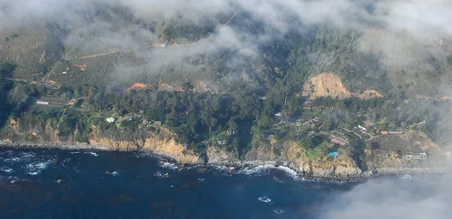 Aerial view of Esalen Institute above the Big Sur coast