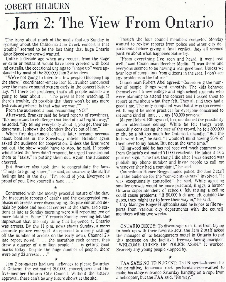 Newspaper coverage of California Jam II published after the festival