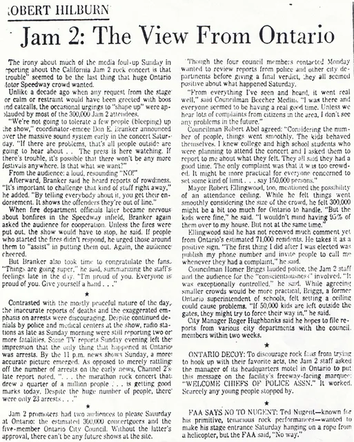 Newspaper coverage of California Jam II published after the festival
