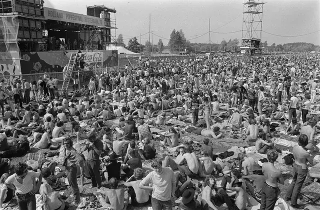 Wide view of the audience and main stage at Holland Pop Festival in 1970
