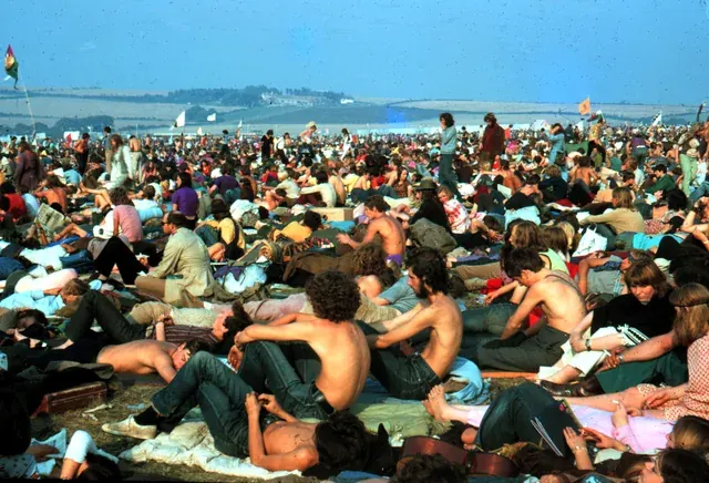Festivalgoers and stage area at Isle of Wight Festival in 1970