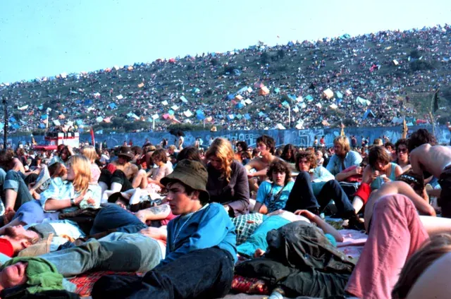 View across the crowded Isle of Wight Festival site in 1970