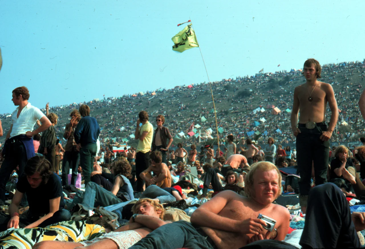 Panoramic view of the Isle of Wight Festival site and audience in 1970