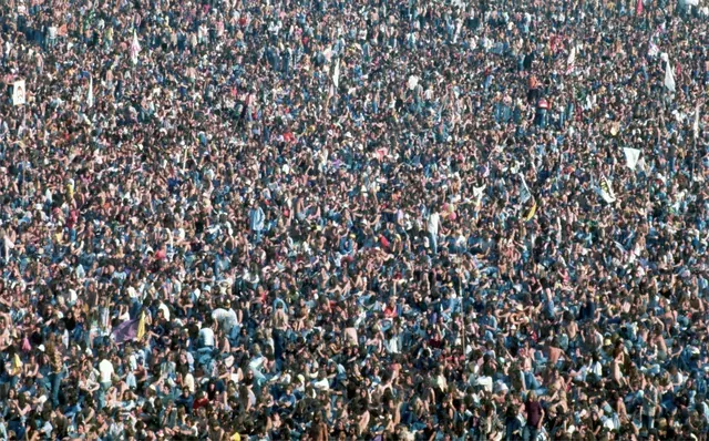 Festival crowd filling the grounds of Knebworth House during the Rolling Stones concert in 1976