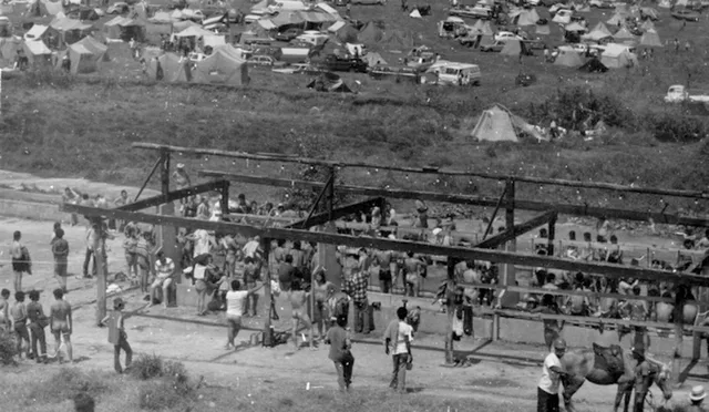 Festivalgoers using the shower facilities at Mar y Sol in April 1972