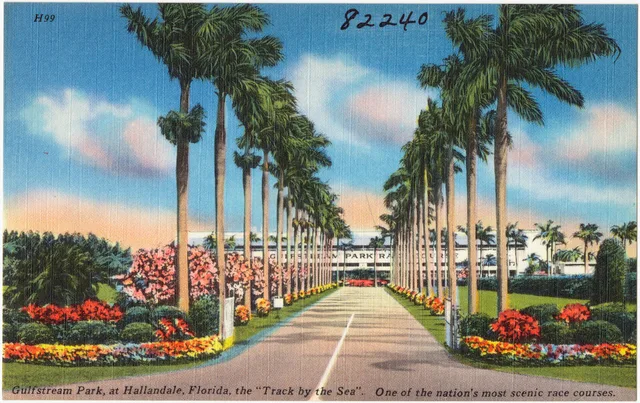 Historical postcard of the entrance to Gulfstream Park in Hallandale