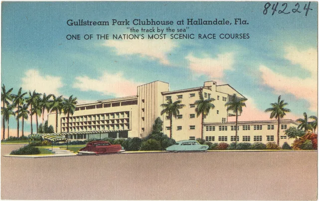 A historical postcard view of the Gulfstream Park clubhouse in Hallandale, Florida