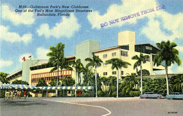 A historical postcard of the Gulfstream Park clubhouse and grandstand