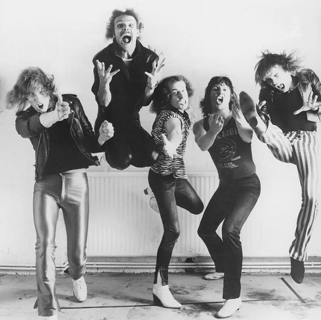 German rock band Scorpions in a 1984 press photo distributed by PolyGram Records and Mercury Records (then a sub label of Polygram), promoting the band in the USA.