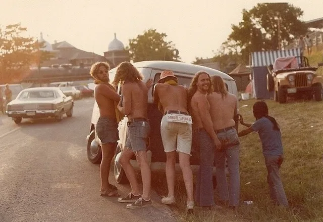 An Arrive Stoned sign photographed at the Ozark Music Festival in 1974