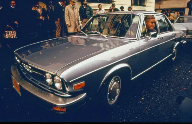Oregon governor Tom McCall with his official car in 1974