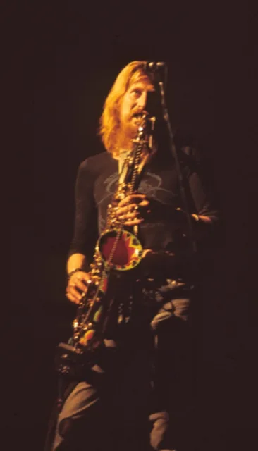 Nik Turner on stage with Hawkwind in 1974