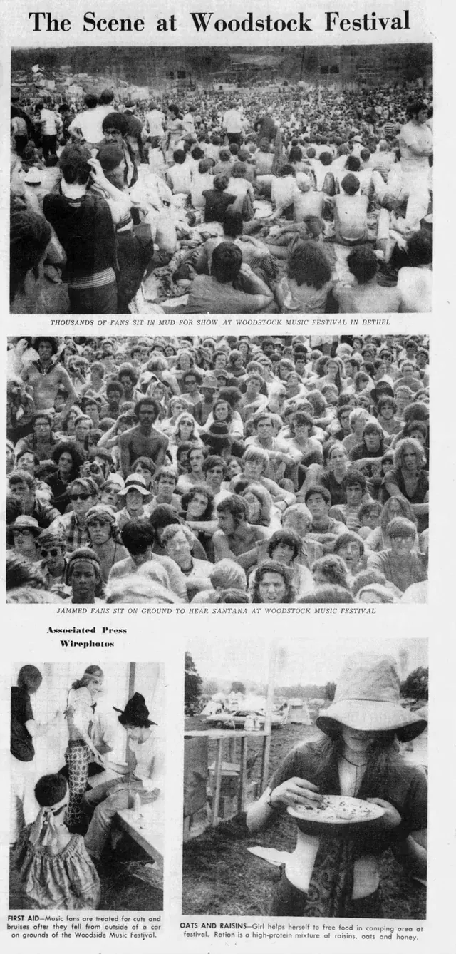 Contemporary newspaper coverage of the Woodstock festival in August 1969