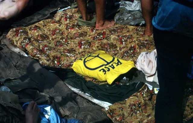 Sleeping bags and a peace-symbol pillow on the Woodstock festival field