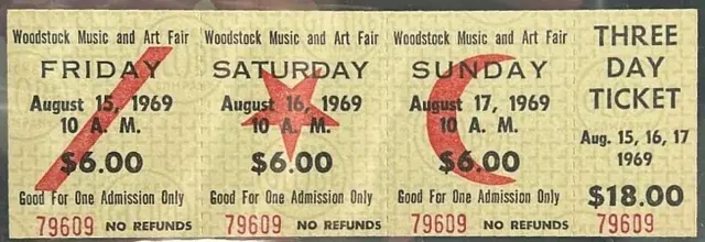 Original admission ticket for the 1969 Woodstock Music and Art Fair