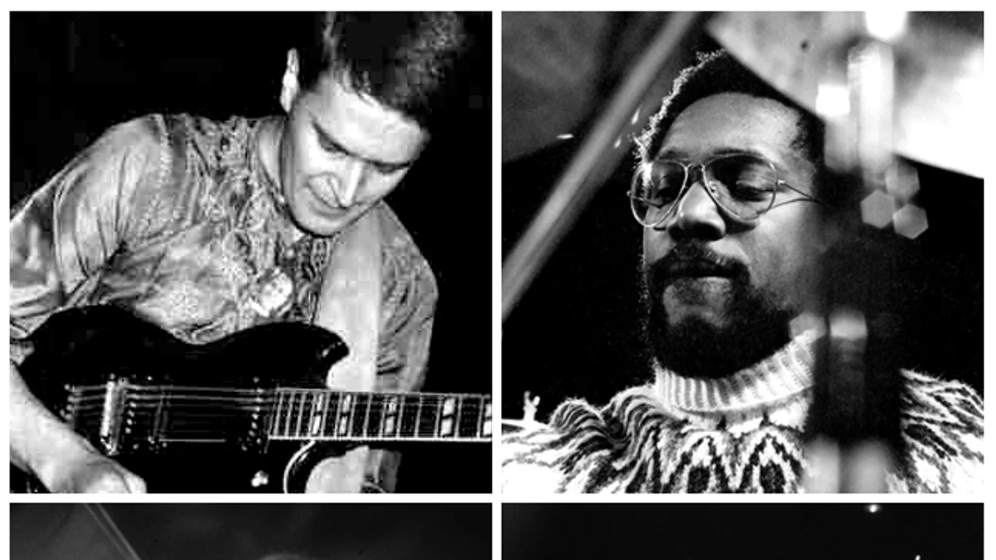 Composite of 1970s portraits of Mahavishnu Orchestra members John McLaughlin, Billy Cobham, Jerry Goodman and Jan Hammer