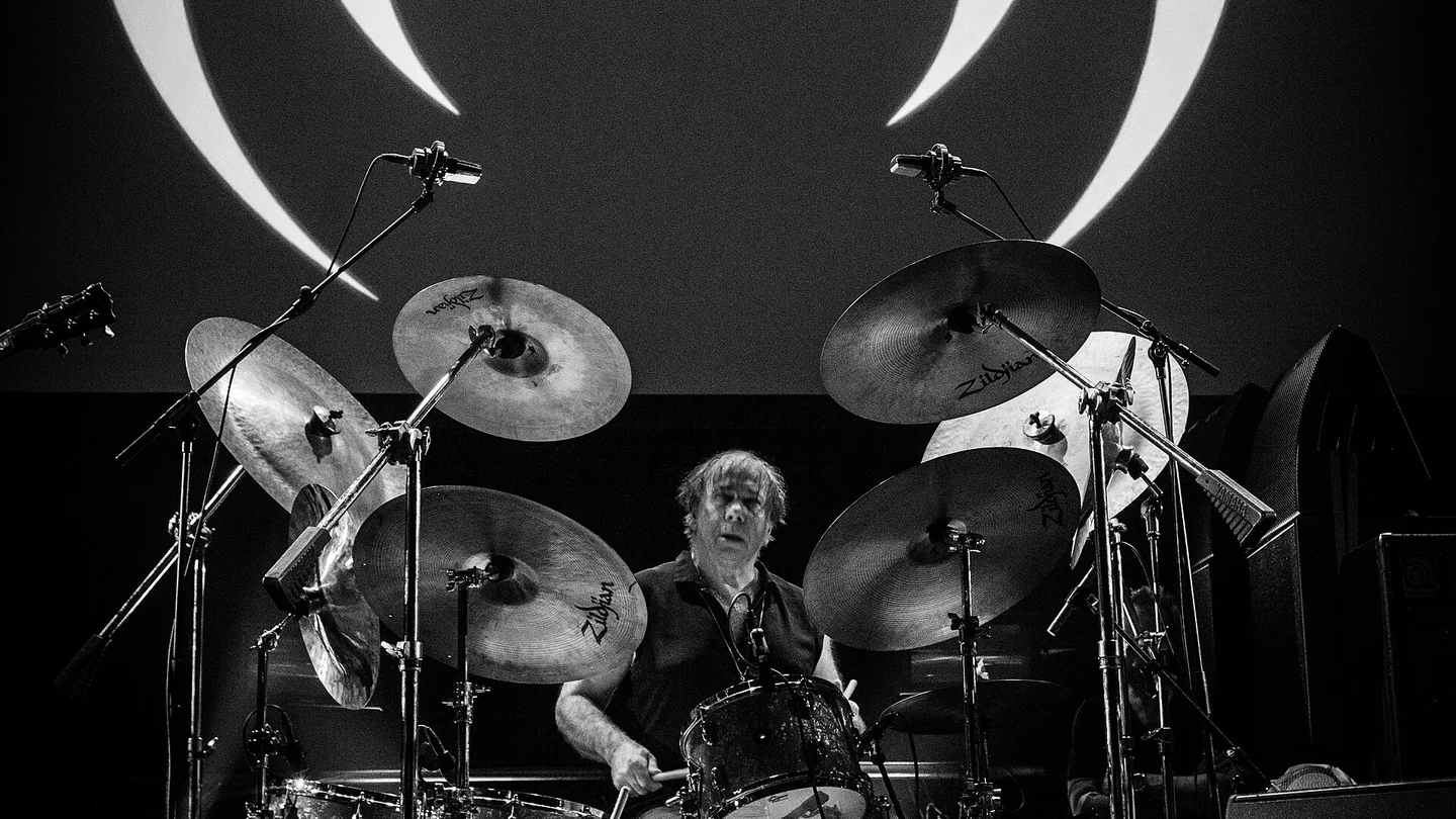 Christian Vander drumming onstage with Magma at Roadburn Festival in Tilburg in April 2017